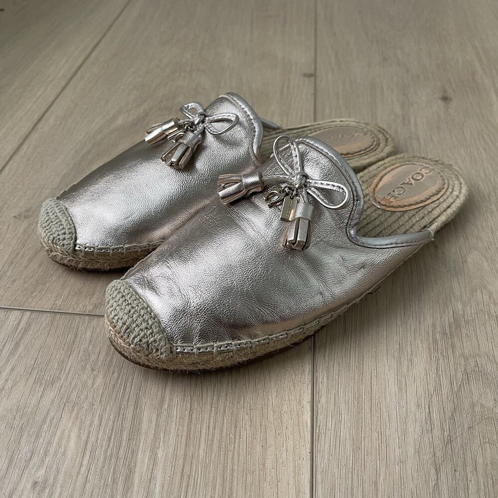 Coach Shoes Womens Cassidy Espadrille Mules Size 7 Leather Silver - Picture 7 of 16